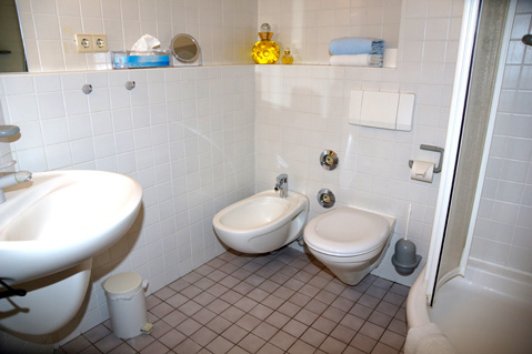 Das gro&szlig;e, wei&szlig; gekachelte und geflieste Duschbad mit Duschkabine rechts der T&uuml;r, Bidet, Waschbecken, WC, etc.