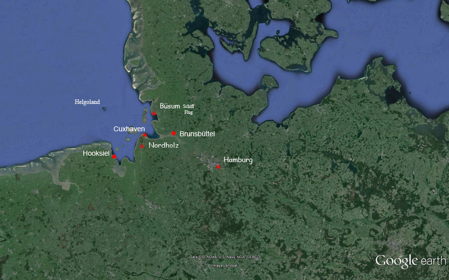 Landkarte von Nord-Deutschland mit den Orten mit Anbindung nach Helgoland